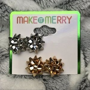 Gift Bow Earrings Gold Silver 2 Pair Holiday Christmas